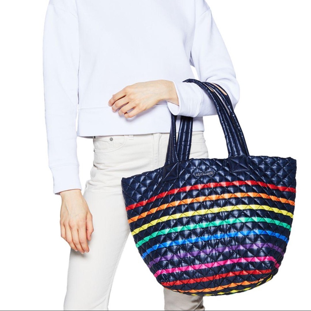MZ Wallace Medium Metro tote, navy/rainbow stripe